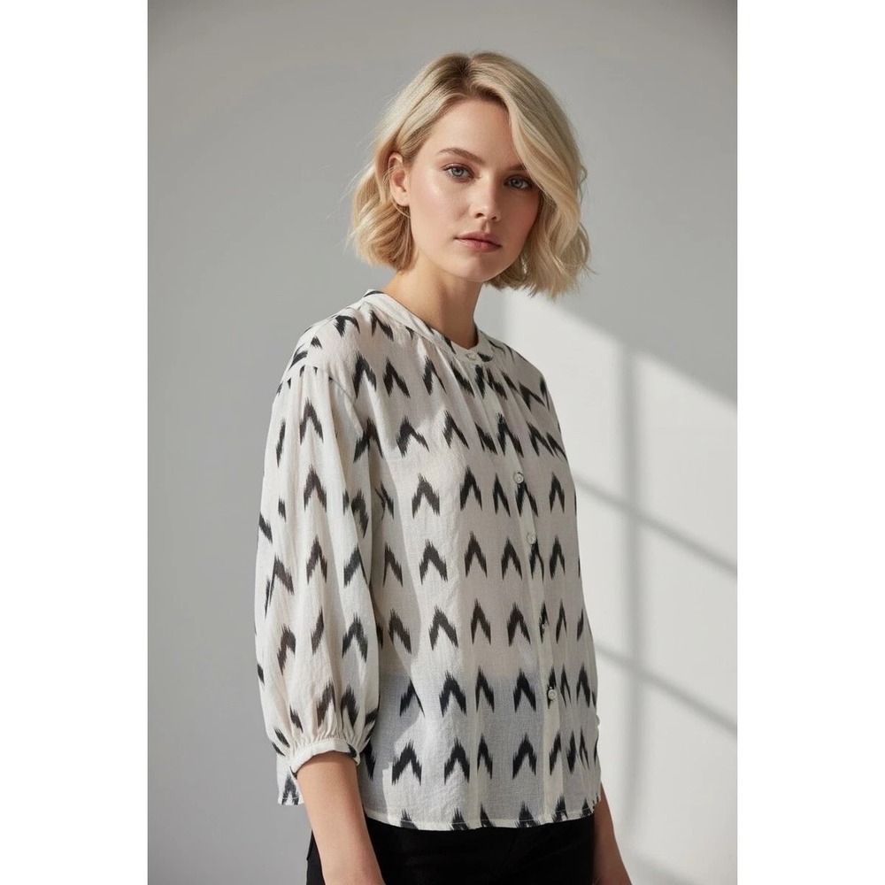 Elie Tahari Ikat Print Blouse Cotton Modal Balloon Sleeve XS Small Bohemian Luxe